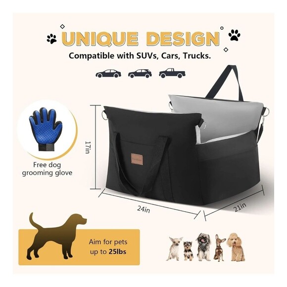 Dog Car Seat Waterproof Booster w Storage Pockets Groom Glove Small Black Gray - Picture 7 of 16